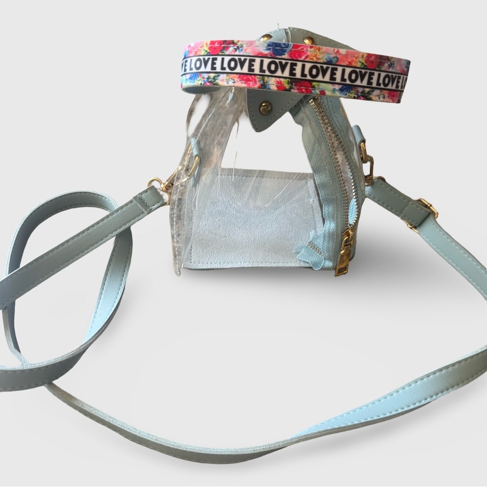 Transparent Crossbody Bag with Blue Accents and LOVE Strap